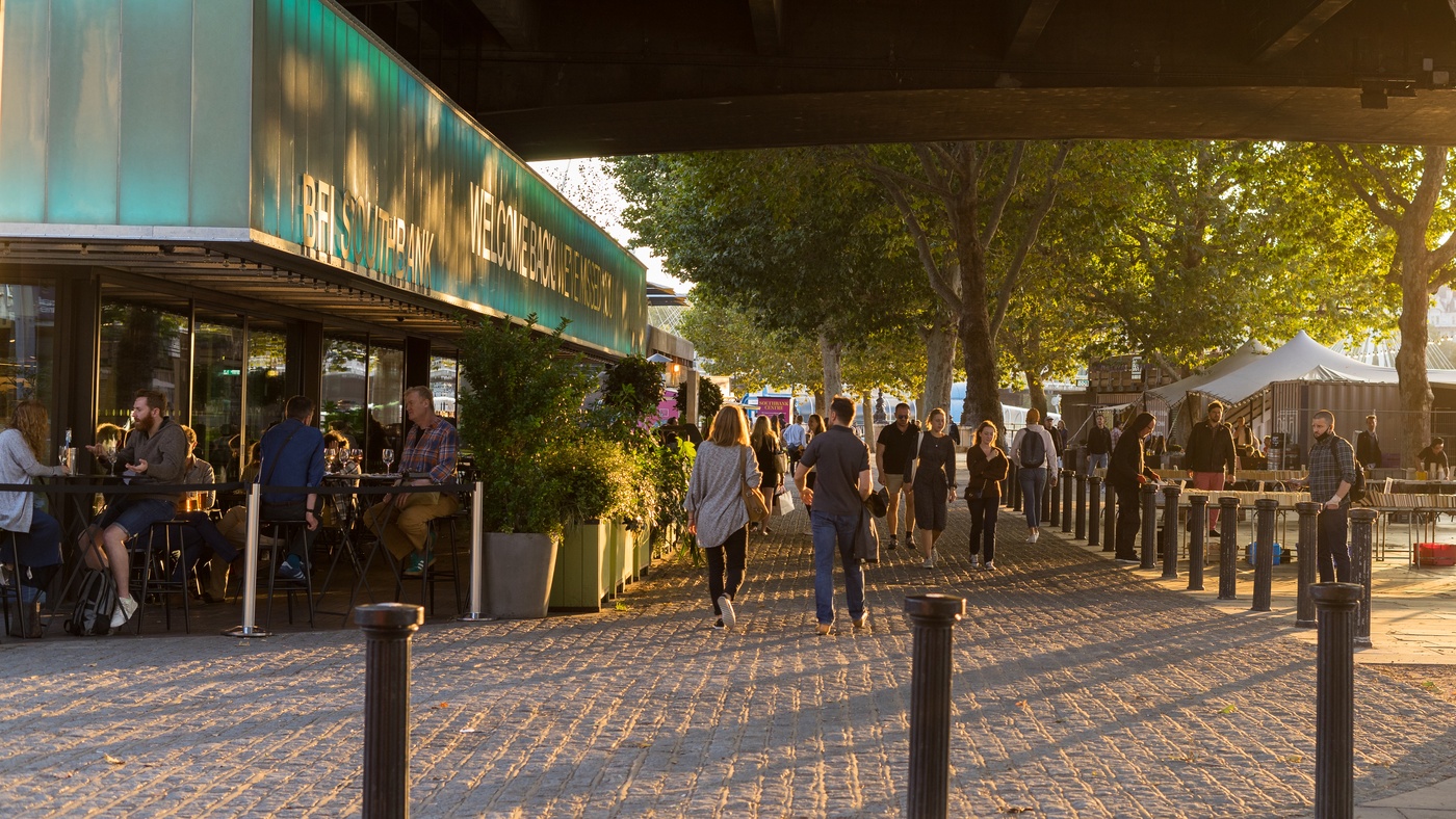 busy riverside walk in Southbank during the day