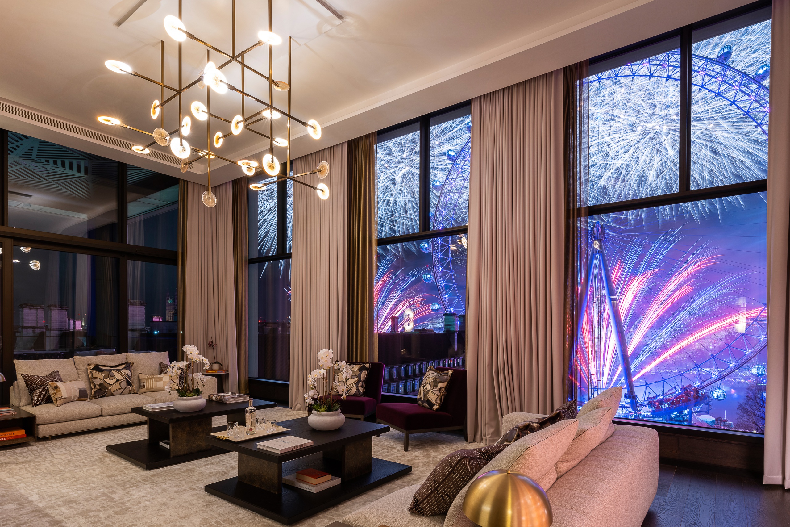 View of London Eye's fireworks from Southbank Place apartment living room