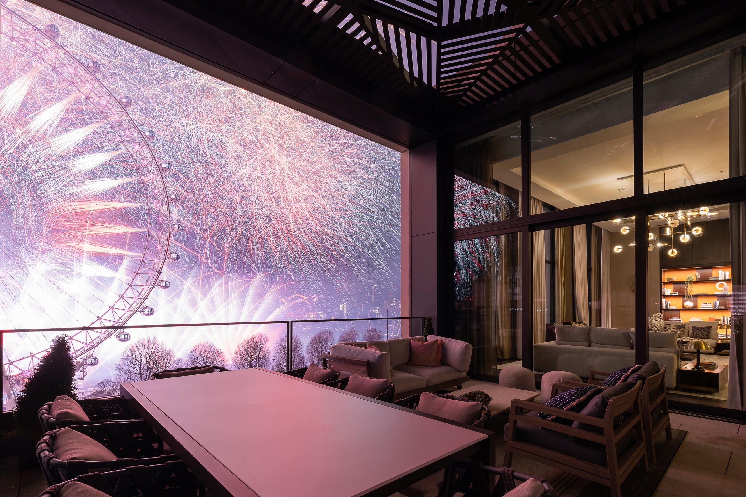 View of London Eye's fireworks from Southbank Place balcony