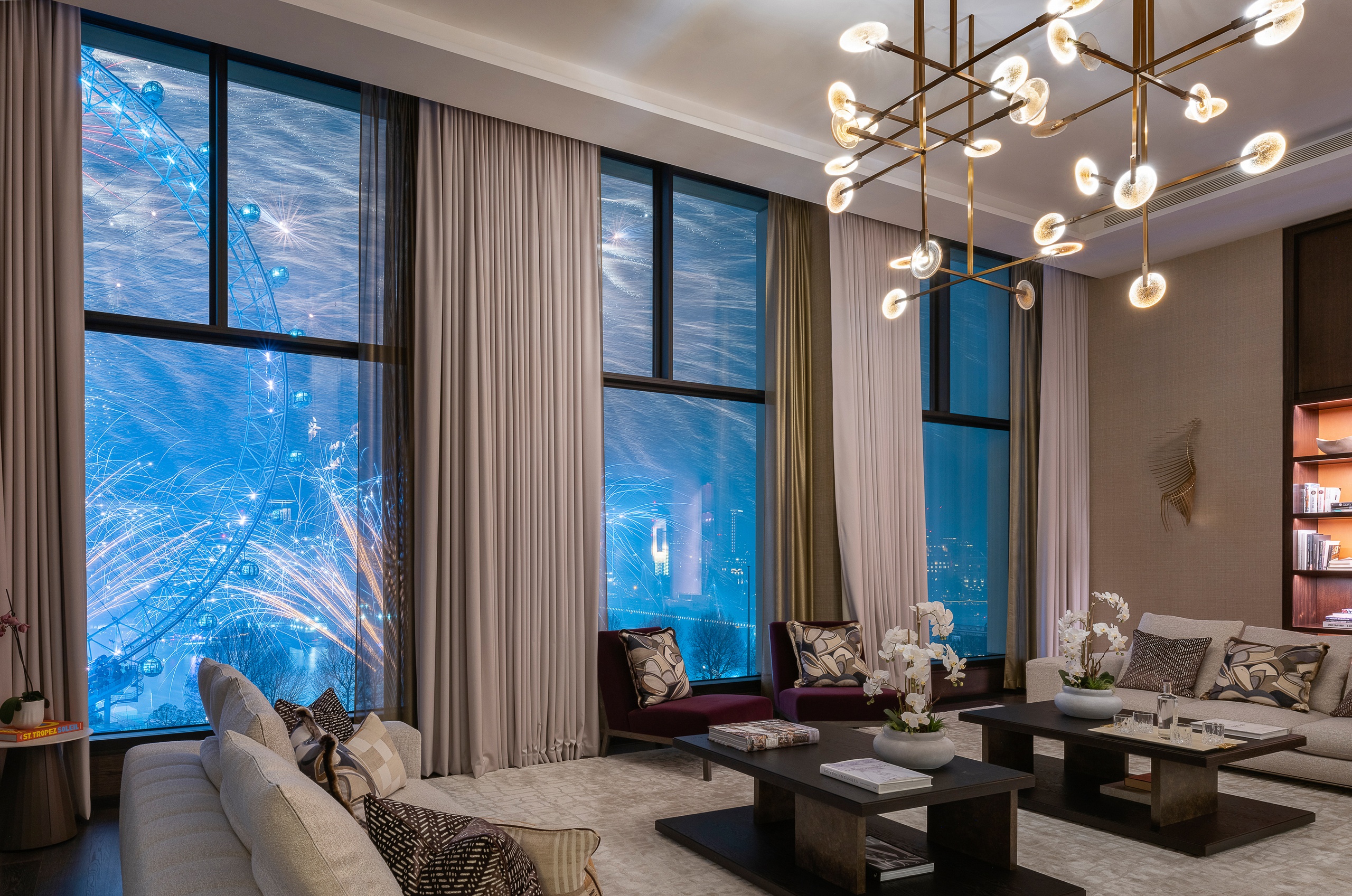 View of London Eye's fireworks from Southbank Place apartment living room